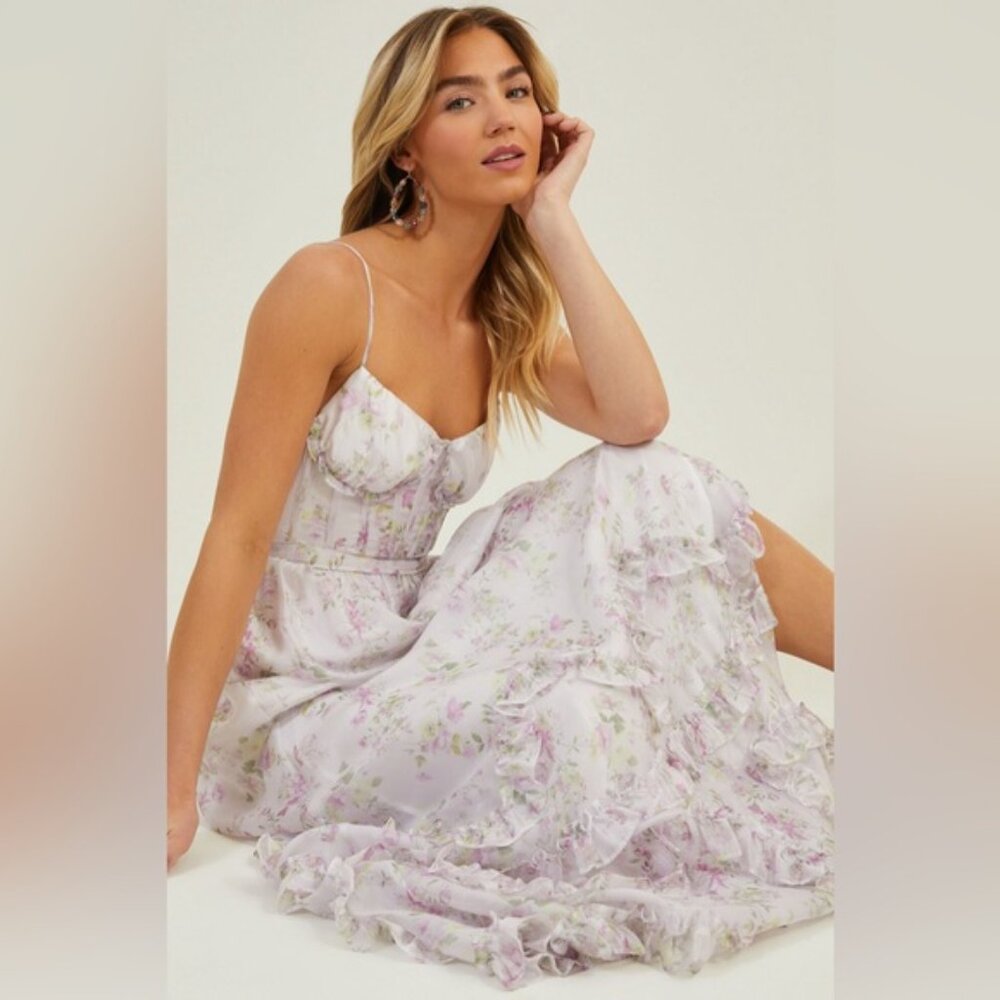 NWT ALTAR'D STATE Ada Maxi White/Pink Floral Corset Dress w Lace-up Back XS